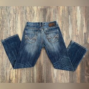 BKE Denim Jake Straight Stretch Jeans Mens 31S Blue Denim Embroidered Whiskering